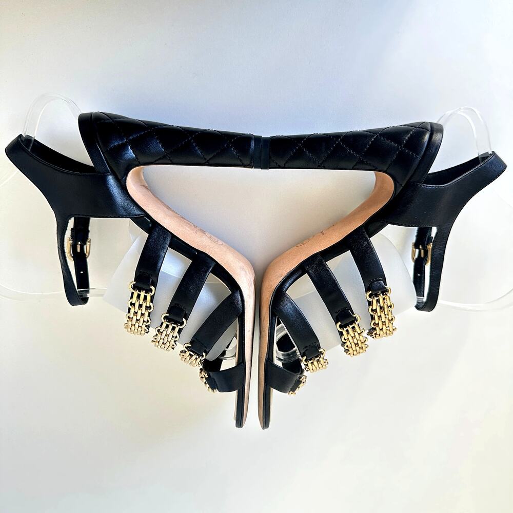 CHANEL CC Logo Black Lambskin Quilted Heels Gold Chain Strap Sandals IT 39 - Picture 7 of 16